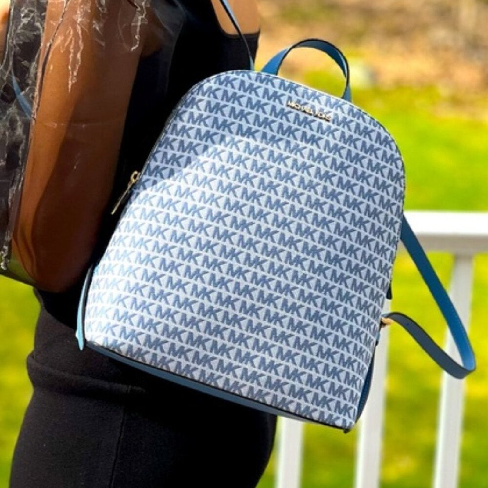 Michael Kors Cindy Large Blue Backpack School Bag Zipper Closure Mk Logo Nwt